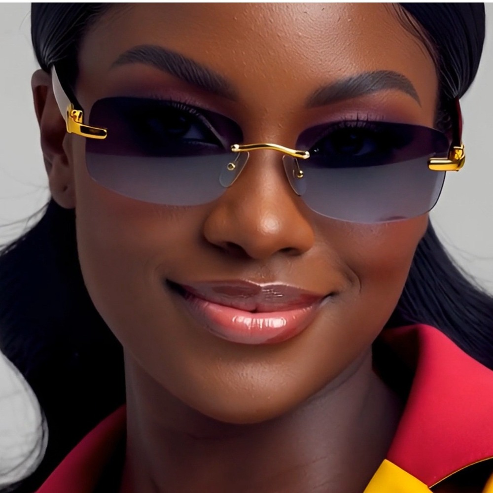 Vintage Rimless Women Dark Black Tint Gold Frame Woodgrain Luxury Sunglasses New